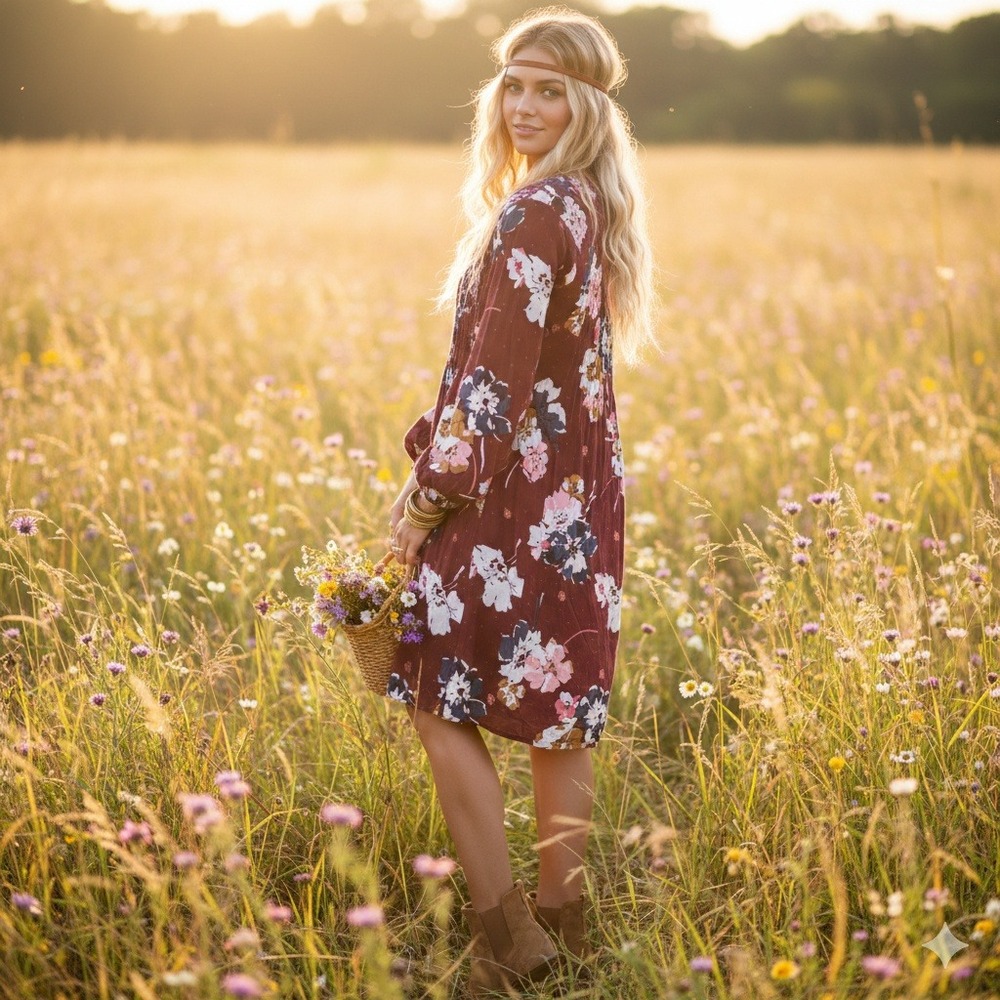 Old Navy Boho Floral‎ Pintuck Tie Swiss Dot Swing Mini Dress XL Burgundy Casual